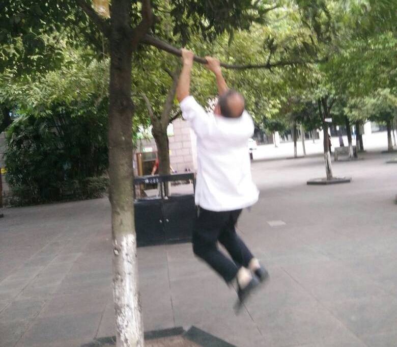 大爷挂在树枝上做引体向上  看呆路人