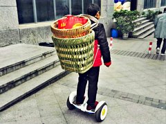 大妈背着箩筐脚踩平衡车行驶  画风太潮