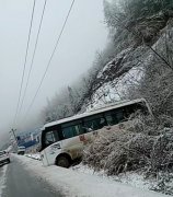 客车雪天发生侧滑  “甩进”路边杂草堆
